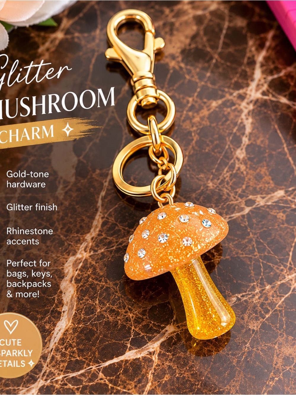 Glitter Mushroom Keychain Charm - Orange Rhinestone Accent